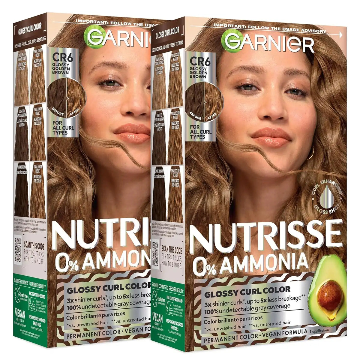 Garnier Nutrisse 0% Ammonia Glossy Curl Color Permanent Hair Dye for Curls, Vegan Color For 100% Gray Coverage, Curl-Protecting Formula with Enhancing Oil, CR6 Glossy Golden Brown (Pack of 2)