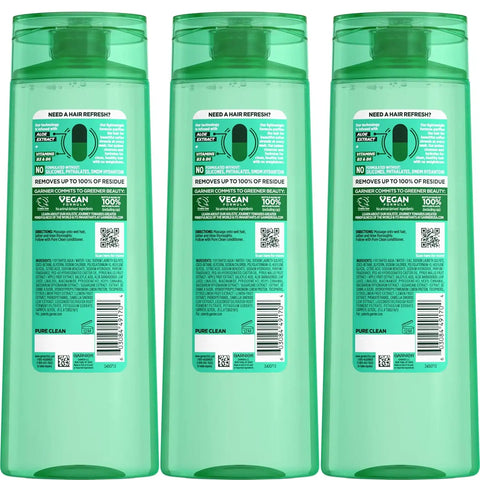 Garnier Fructis Pure Clean Purifying Shampoo, Silicone-Free, 12.5 Fl Oz, 3 Count (Packaging May Vary)