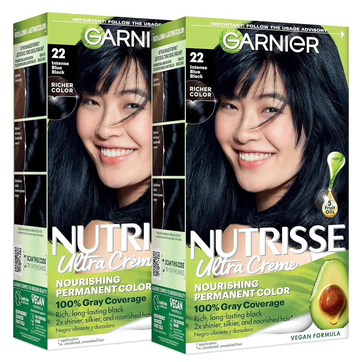 Garnier Nutrisse Ultra Crème Hair Color, Permanent Hair Dye with 100% Gray Coverage, Vegan & Cruelty-Free, 22 Intense Blue Black (Mulberry), 2 Count