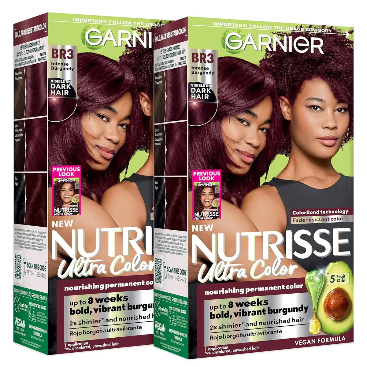 Garnier Hair Color Nutrisse Ultra Color Nourishing Creme, BR3 Intense Burgundy (Lotus Berry) Red Permanent Hair Dye, 1 Count (Packaging May Vary) (Pack of 2)