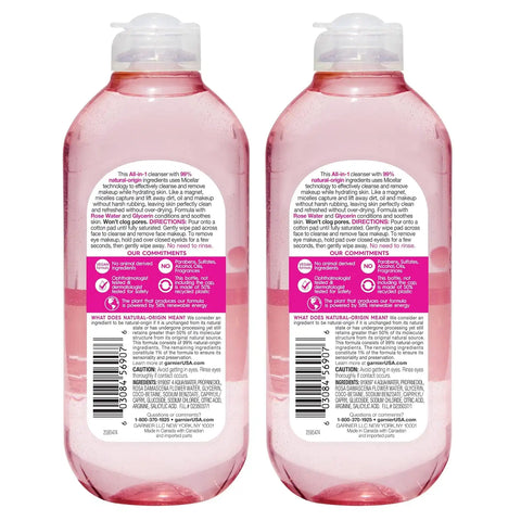 Garnier Micellar Water with Rose Water and Glycerin, Hydrating Facial Cleanser & Makeup Remover, For All Skin Types, Vegan, Cruelty Free, 13.5 Fl Oz (400mL), 2 Count