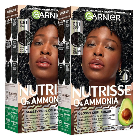 Garnier Nutrisse 0% Ammonia Glossy Curl Color Permanent Hair Dye for Curls, Vegan Color For 100% Gray Coverage, Curl-Protecting Formula with Enhancing Oil, CR1 Glossy Black (Pack of 2)