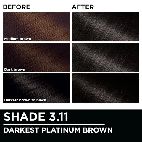Garnier Olia Hair Color, Ammonia-Free Permanent Hair Dye, Oil-Powered Formula for 100% Gray Coverage and 3x Shinier Hair, Vegan & Cruelty Free, 3.11 Darkest Platinum Brown, 1 Count