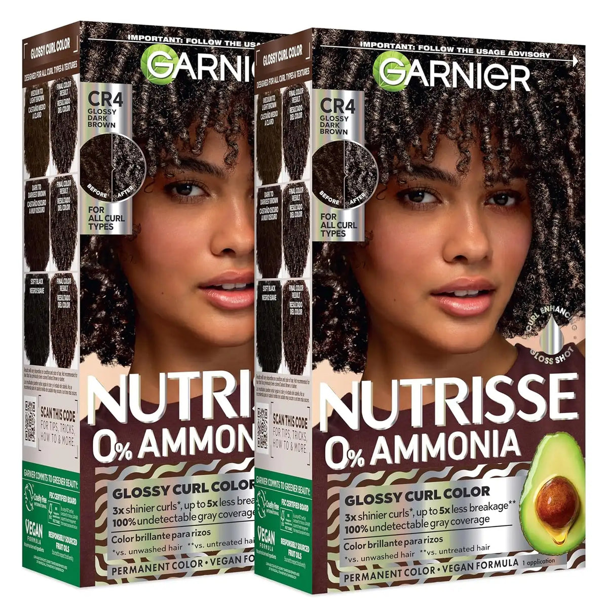 Garnier Nutrisse 0% Ammonia Glossy Curl Color Permanent Hair Dye for Curls, Vegan Color For 100% Gray Coverage, Curl-Protecting Formula with Enhancing Oil, CR4 Glossy Dark Brown (Pack of 2)