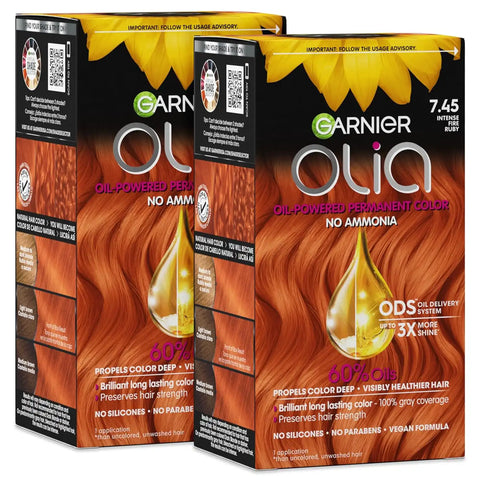 Garnier Olia Hair Color, Ammonia-Free Permanent Hair Dye, Oil-Powered Formula for 100% Gray Coverage and 3x Shinier Hair, Vegan & Cruelty Free, 7.45 Intense Fire Ruby, 2 Count