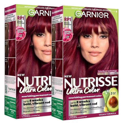 Garnier Nutrisse Ultra Color Hair Color, Permanent Hair Dye for Up to 8 Weeks of Bold, Vibrant, Fade-Resistant Results, Vegan & Cruelty-Free, RP1 Dark Intense Pink Red (Cherry Flamingo), 2 Count