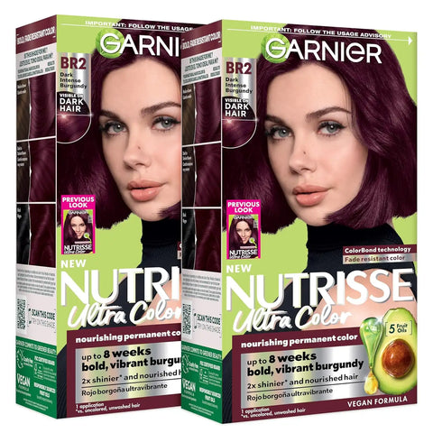 Garnier Nutrisse Ultra Color Hair Color, Permanent Hair Dye for Up to 8 Weeks of Bold, Vibrant, Fade-Resistant Results, Vegan & Cruelty-Free, BR2 Dark Intense Burgundy (Passion Fruit), 2 Count