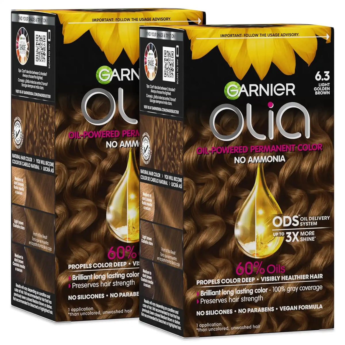 Garnier Hair Color Olia Ammonia-Free Brilliant Color Oil-Rich Permanent Hair Dye, 6.3 Light Golden Brown, 1 Count (Packaging May Vary) (Pack of 2)