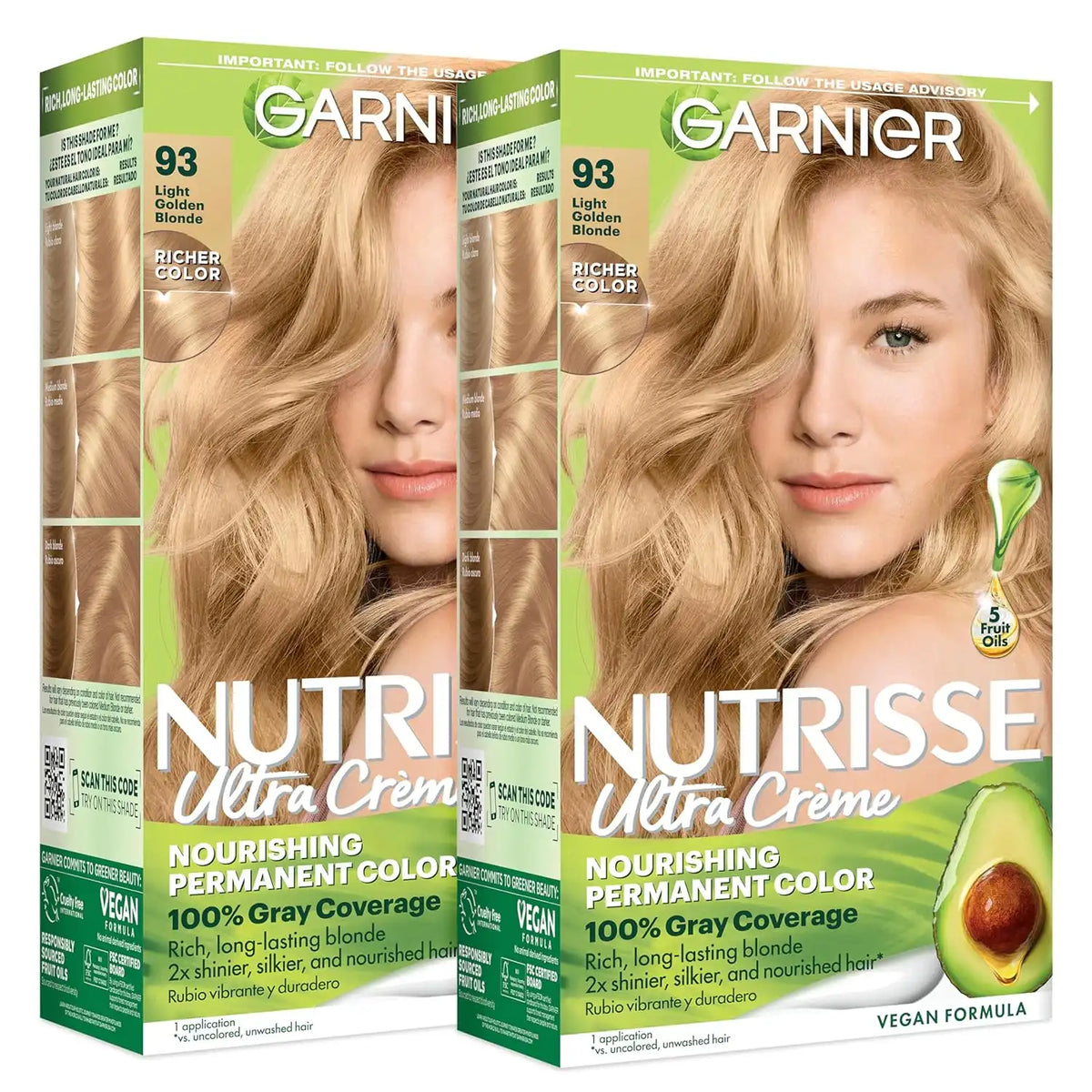 Garnier Nutrisse Ultra Crème Hair Color, Permanent Hair Dye with 100% Gray Coverage, Vegan & Cruelty-Free, 93 Light Golden Blonde (Honey Butter), 2 Count