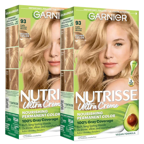 Garnier Nutrisse Ultra Crème Hair Color, Permanent Hair Dye with 100% Gray Coverage, Vegan & Cruelty-Free, 93 Light Golden Blonde (Honey Butter), 2 Count