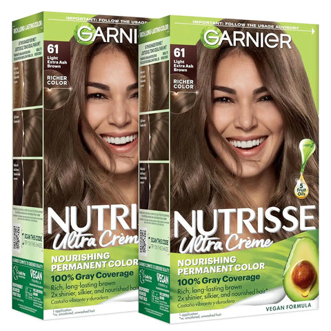 Garnier Nutrisse Ultra Crème Hair Color, Permanent Hair Dye with 100% Gray Coverage, Vegan & Cruelty-Free, 61 Light Extra Ash Brown (Mochaccino), 2 Count