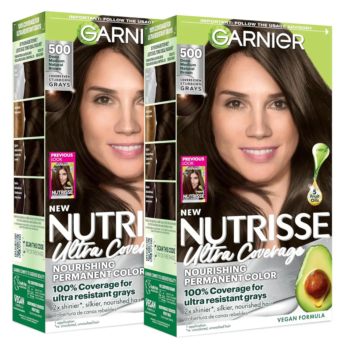 Garnier Hair Color Nutrisse Ultra Coverage Nourishing Creme, 500 Deep Medium Natural Brown (Glazed Walnut) Permanent Hair Dye, 1 Count (Packaging May Vary) (Pack of 2)