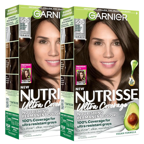 Garnier Hair Color Nutrisse Ultra Coverage Nourishing Creme, 500 Deep Medium Natural Brown (Glazed Walnut) Permanent Hair Dye, 1 Count (Packaging May Vary) (Pack of 2)