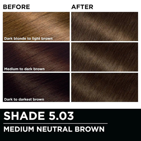 Garnier Olia Hair Color, Ammonia-Free Permanent Hair Dye, Oil-Powered Formula for 100% Gray Coverage and 3x Shinier Hair, Vegan & Cruelty Free, 5.03 Medium Neutral Brown, 2 Count