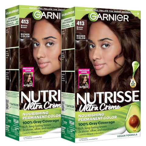 Garnier Nutrisse Ultra Crème Hair Color, Permanent Hair Dye with 100% Gray Coverage, Vegan & Cruelty-Free, 413 Bronze Brown (Bronze Sugar), 2 Count