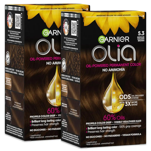 Garnier Olia Hair Color, Ammonia-Free Permanent Hair Dye, Oil-Powered Formula for 100% Gray Coverage and 3x Shinier Hair, Vegan & Cruelty Free, 5.3 Medium Golden Brown, 2 Count