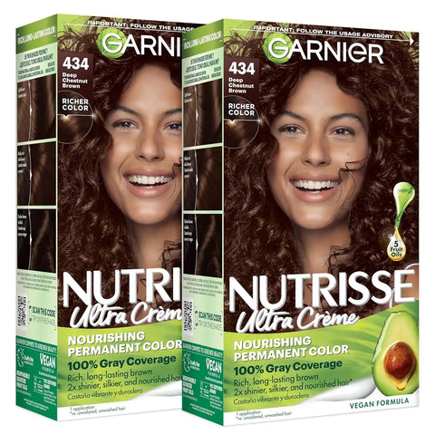 Garnier Nutrisse Ultra Crème Hair Color, Permanent Hair Dye with 100% Gray Coverage, Vegan & Cruelty-Free, 434 Deep Chestnut Brown (Chocolate Chestnut), 2 Count