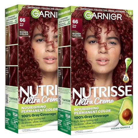 Garnier Nutrisse Ultra Crème Hair Color, Permanent Hair Dye with 100% Gray Coverage, Vegan & Cruelty-Free, 66 True Red (Pomegranate), 2 Count