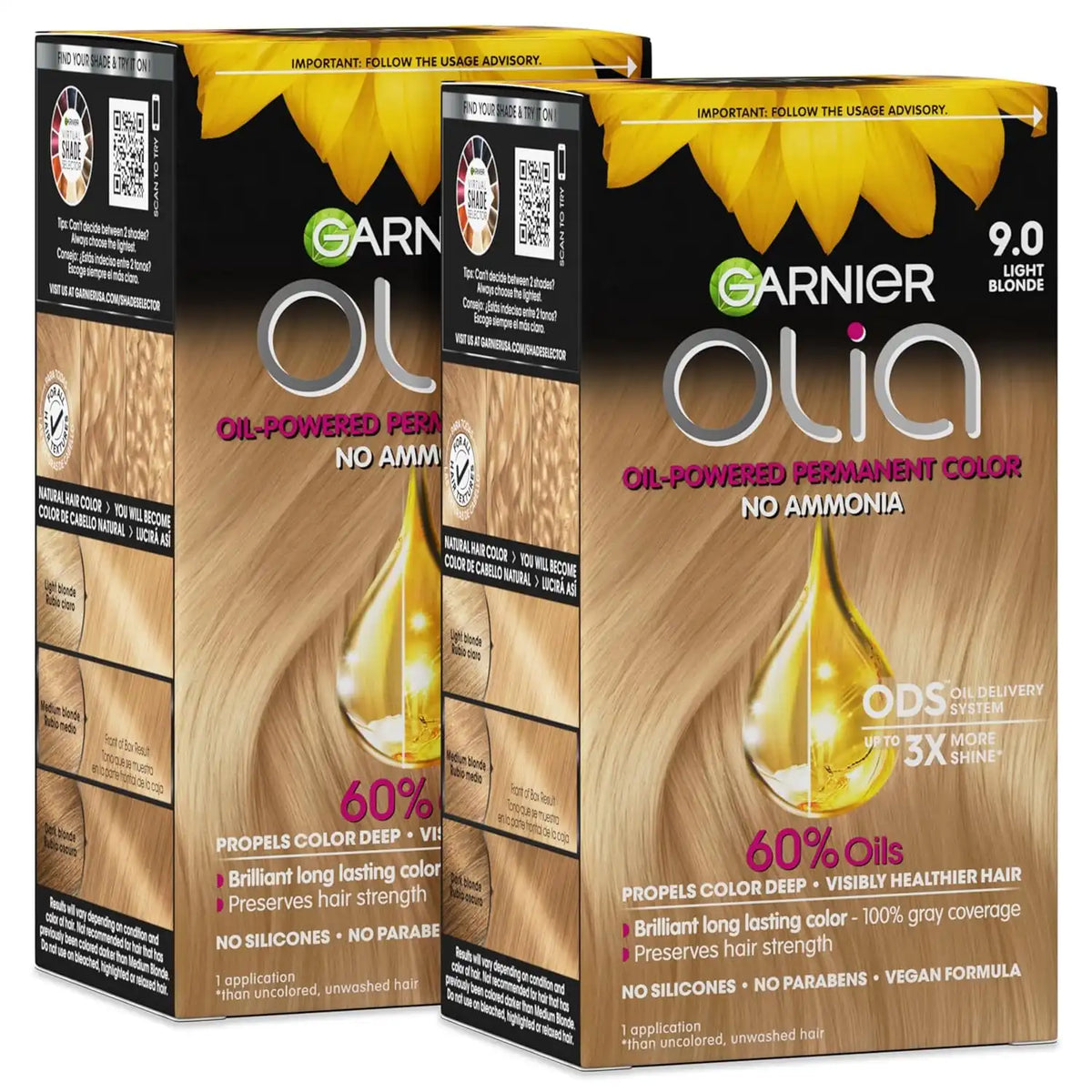 Garnier Olia Hair Color, Ammonia-Free Permanent Hair Dye, Oil-Powered Formula for 100% Gray Coverage and 3x Shinier Hair, Vegan & Cruelty Free, 9.0 Light Blonde, 2 Count