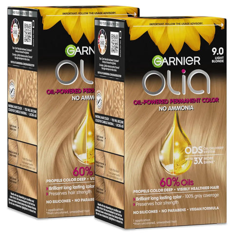 Garnier Olia Hair Color, Ammonia-Free Permanent Hair Dye, Oil-Powered Formula for 100% Gray Coverage and 3x Shinier Hair, Vegan & Cruelty Free, 9.0 Light Blonde, 2 Count