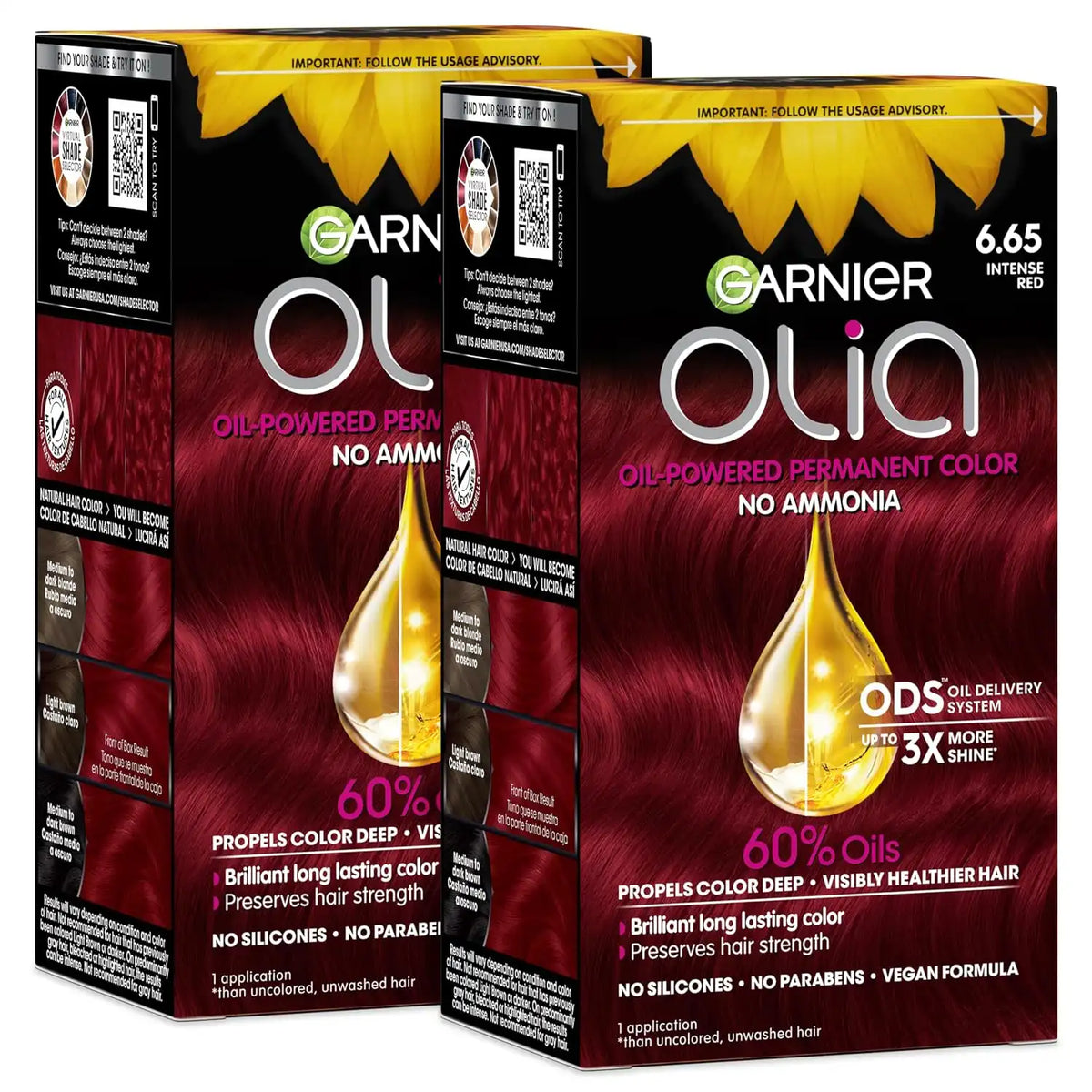 Garnier Olia Hair Color, Ammonia-Free Permanent Hair Dye, Oil-Powered Formula for 100% Gray Coverage and 3x Shinier Hair, Vegan & Cruelty Free, 6.65 Intense Red, 2 Count