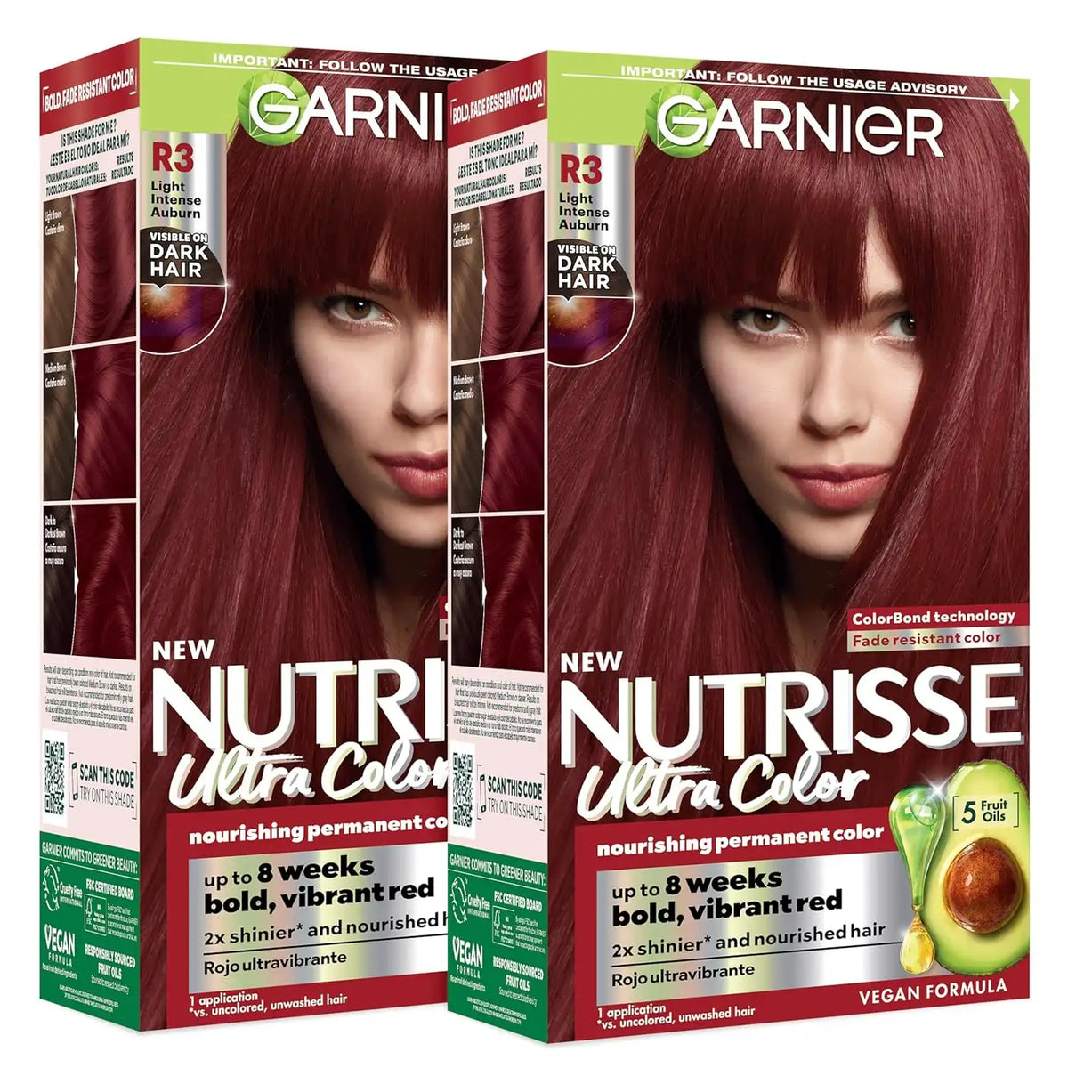 Garnier Nutrisse Ultra Color Hair Color, Permanent Hair Dye for Up to 8 Weeks of Bold, Vibrant, Fade-Resistant Results, Vegan & Cruelty-Free, R3 Light Intense Auburn (Red Hibiscus), 2 Count