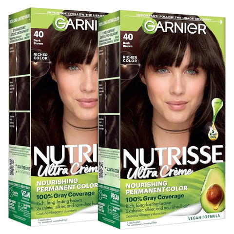Garnier Nutrisse Ultra Crème Hair Color, Permanent Hair Dye with 100% Gray Coverage, Vegan & Cruelty-Free, 40 Dark Brown (Dark Chocolate), 2 Count