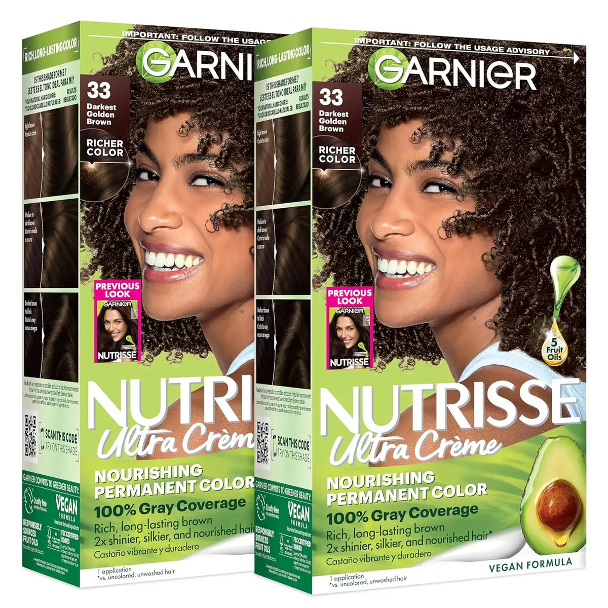 Garnier Nutrisse Ultra Crème Hair Color, Permanent Hair Dye with 100% Gray Coverage, Vegan & Cruelty-Free, 33 Darkest Golden Brown (Caramel Fudge), 2 Count