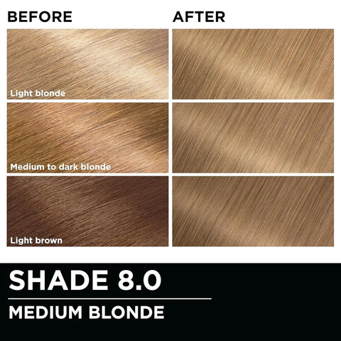 Garnier Olia Hair Color, Ammonia-Free Permanent Hair Dye, Oil-Powered Formula for 100% Gray Coverage and 3x Shinier Hair, Vegan & Cruelty Free, 8.0 Medium Blonde, 2 Count