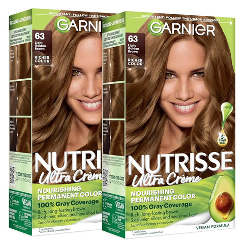 Garnier Nutrisse Ultra Crème Hair Color, Permanent Hair Dye with 100% Gray Coverage, Vegan & Cruelty-Free, 63 Light Golden Brown (Brown Sugar), 2 Count