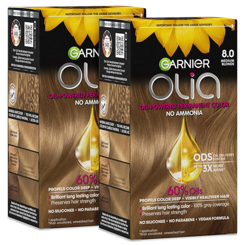 Garnier Olia Hair Color, Ammonia-Free Permanent Hair Dye, Oil-Powered Formula for 100% Gray Coverage and 3x Shinier Hair, Vegan & Cruelty Free, 8.0 Medium Blonde, 2 Count