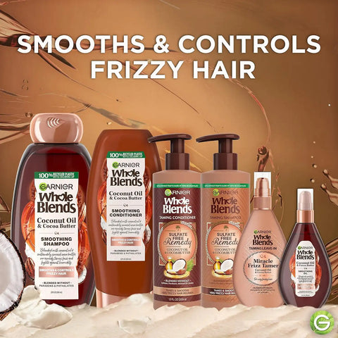 Garnier Whole Blends Smoothing Conditioner with Coconut Oil & Cocoa Butter for Frizzy Hair, Provides Up to 24 Hours of Anti-Frizz, Humidity Control and Smoothness, Vegan Formula, 22 fl oz, 2 Count