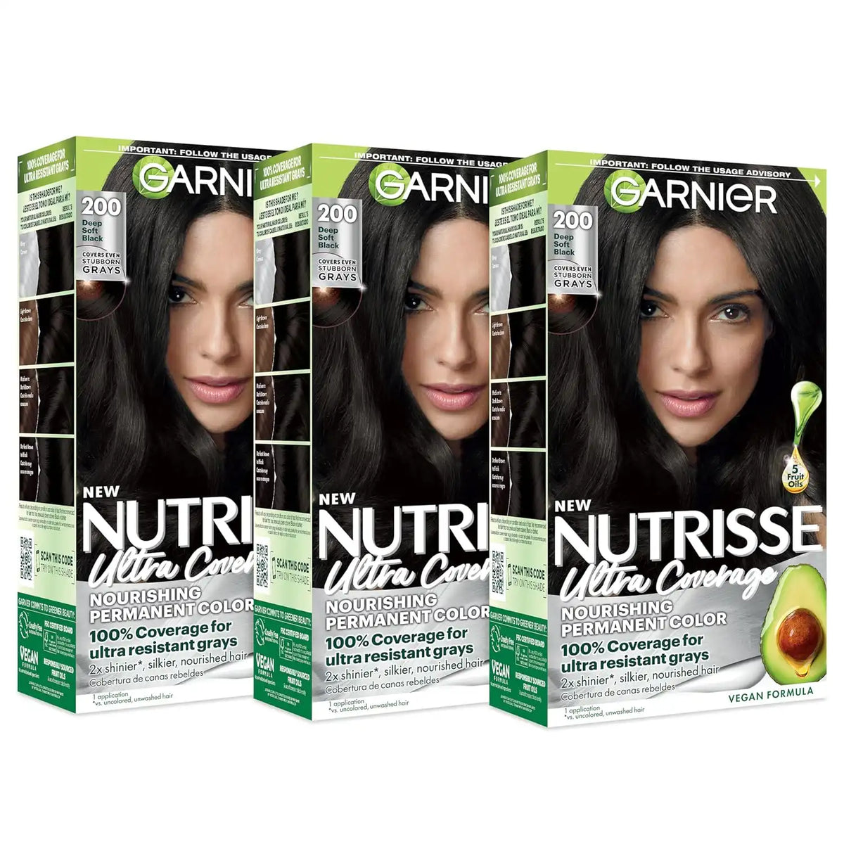 Garnier Nutrisse Ultra Coverage Hair Color, Permanent Hair Dye for Up to 8 Weeks of Stubborn Gray Coverage, Vegan & Cruelty-Free, 200 Deep Soft Black (Black Sesame), 3 Count