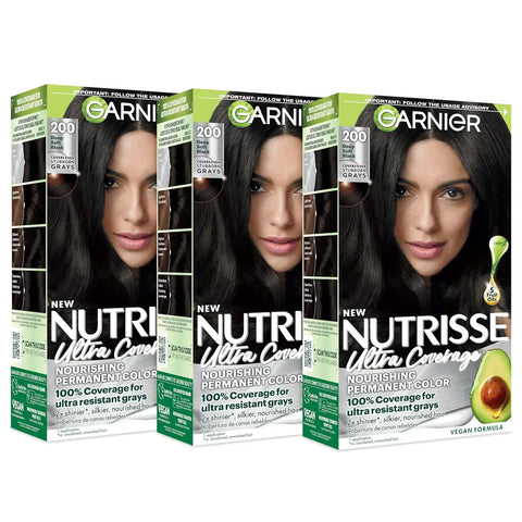 Garnier Nutrisse Ultra Coverage Hair Color, Permanent Hair Dye for Up to 8 Weeks of Stubborn Gray Coverage, Vegan & Cruelty-Free, 200 Deep Soft Black (Black Sesame), 3 Count
