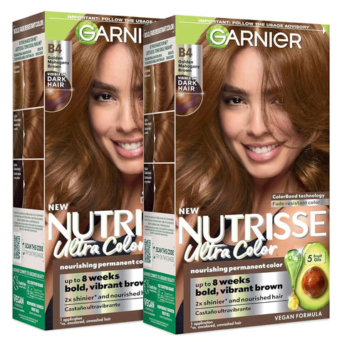 Garnier Nutrisse Ultra Color Hair Color, Permanent Hair Dye for Up to 8 Weeks of Bold, Vibrant, Fade-Resistant Results, Vegan & Cruelty-Free, B4 Golden Mahogany Brown (Caramel Chocolate), 2 Count