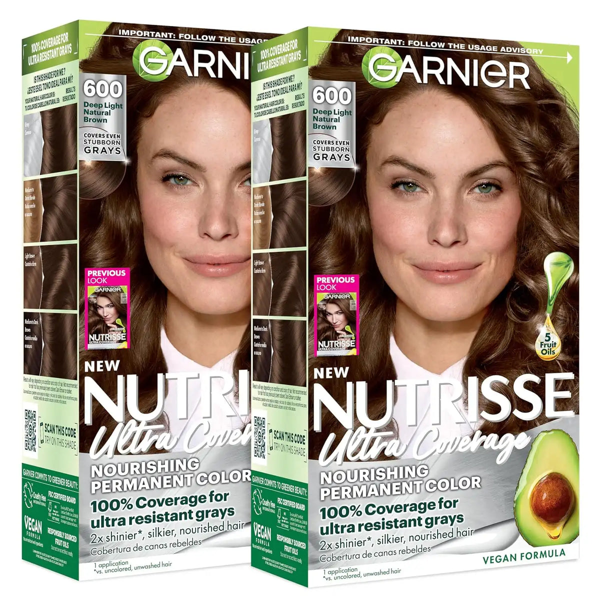 Garnier Nutrisse Ultra Coverage Hair Color, Permanent Hair Dye for Up to 8 Weeks of Stubborn Gray Coverage, Vegan & Cruelty-Free, 600 Deep Light Natural Brown (Spiced Hazelnut), 2 Count