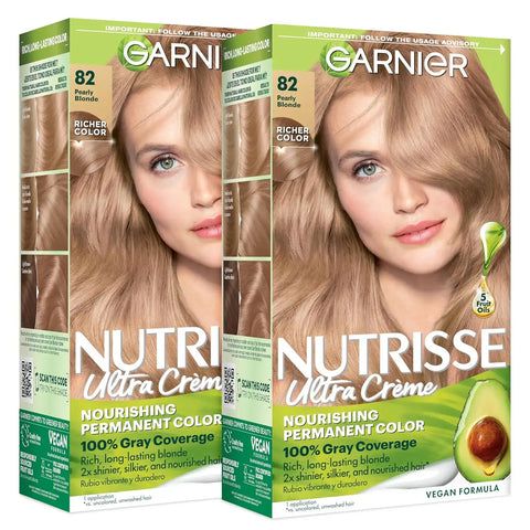 Garnier Nutrisse Ultra Crème Hair Color, Permanent Hair Dye with 100% Gray Coverage, Vegan & Cruelty-Free, 82 Pearly Blonde (Biscotti), 2 Count
