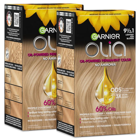 Garnier Hair Color Olia Ammonia-Free Brilliant Color Oil-Rich Permanent Hair Dye, 9 1/2.1 Lightest Ash Blonde, 1 Count (Packaging May Vary) (Pack of 2)
