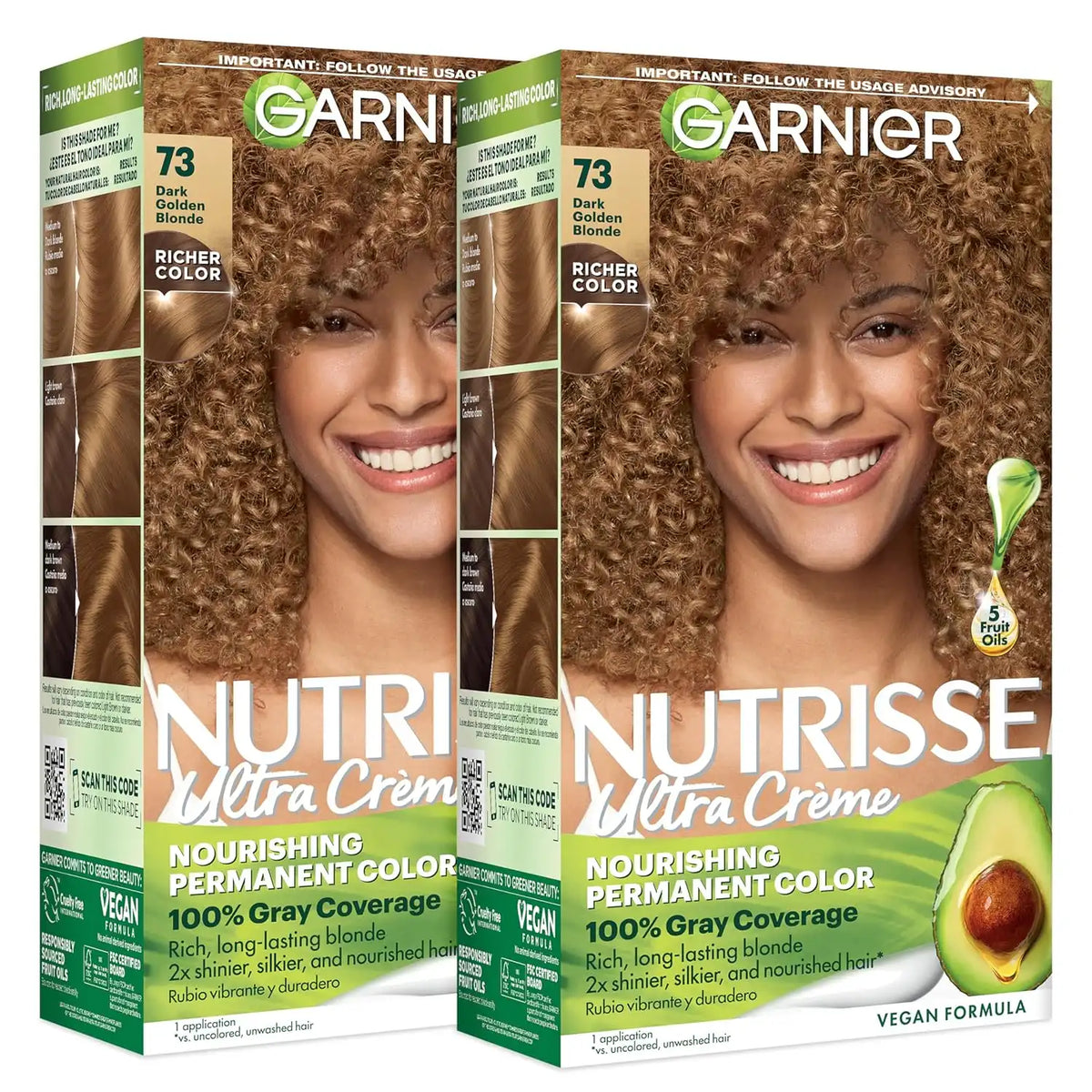 Garnier Nutrisse Ultra Crème Hair Color, Permanent Hair Dye with 100% Gray Coverage, Vegan & Cruelty-Free, 73 Dark Golden Blonde (Honey Dip), 2 Count