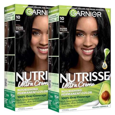 Garnier Nutrisse Ultra Crème Hair Color, Permanent Hair Dye with 100% Gray Coverage, Vegan & Cruelty-Free, 10 Black (Licorice), 2 Count