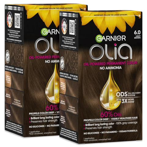 Garnier Hair Color Olia Ammonia-Free Brilliant Color Oil-Rich Permanent Hair Dye, 6.0 Light Brown, 1 Count (Packaging May Vary) (Pack of 2)