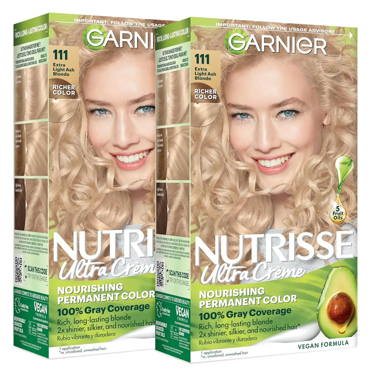 Garnier Nutrisse Ultra Crème Hair Color, Permanent Hair Dye with 100% Gray Coverage, Vegan & Cruelty-Free, 111 Extra-Light Ash Blonde (White Chocolate), 2 Count