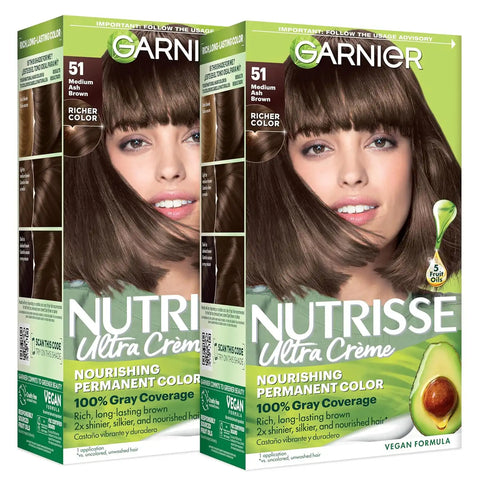 Garnier Nutrisse Ultra Crème Hair Color, Permanent Hair Dye with 100% Gray Coverage, Vegan & Cruelty-Free, 51 Medium Ash Brown (Cool Tea), 2 Count