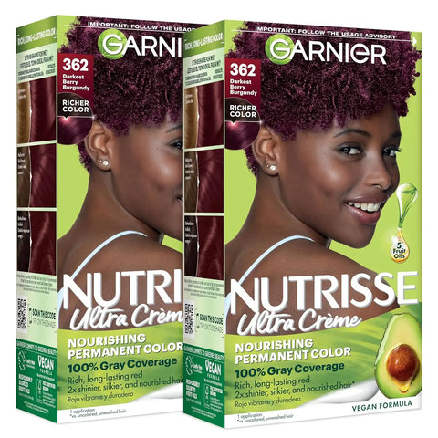 Garnier Nutrisse Ultra Crème Hair Color, Permanent Hair Dye with 100% Gray Coverage, Vegan & Cruelty-Free, 362 Darkest Berry Burgundy (Raspberry Jam), 2 Count