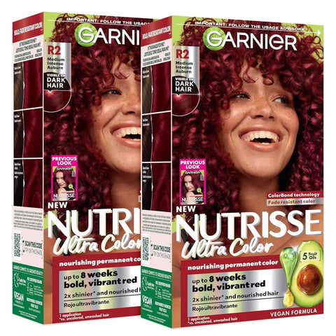 Garnier Hair Color Nutrisse Ultra Color Nourishing Creme, R2 Medium Intense Auburn (Goji Berry) Red Permanent Hair Dye, 1 Count (Packaging May Vary) (Pack of 2)