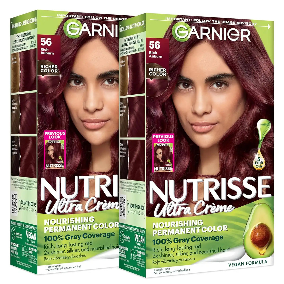 Garnier Nutrisse Ultra Crème Hair Color, Permanent Hair Dye with 100% Gray Coverage, Vegan & Cruelty-Free, 56 Rich Auburn (Sangria), 2 Count